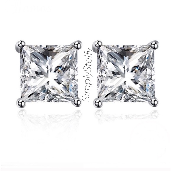 RESTOCKING Princess Cut Sterling Silver Earrings - Picture 2 of 8
